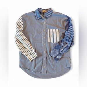 Marled Preppy Blue and White Striped Women's Button Down Shirt-Size Small